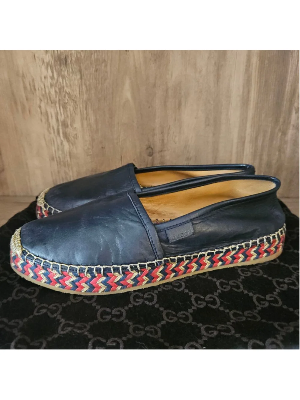 Gucci Pilar Leather Espadrilles Navy Blue Red Gold Woven Womens 37.5